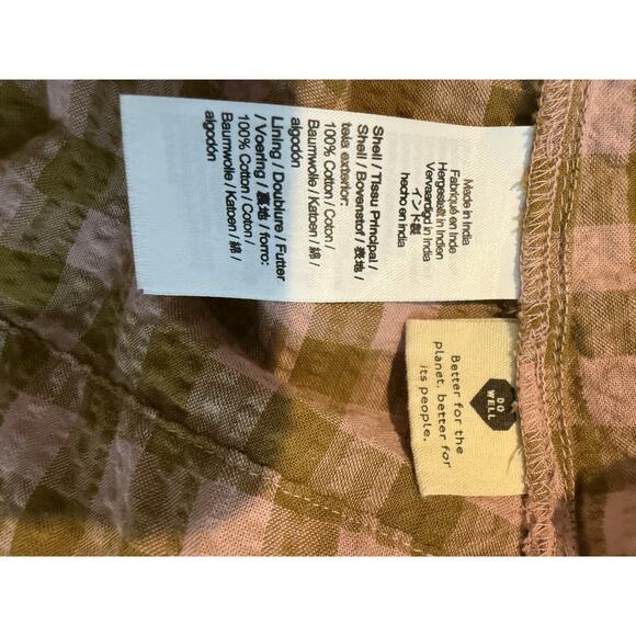 Madewell L Babydoll Gingham Dress Puff Sleeve Elastic Back Pink/Olive Green - Picture 5 of 8